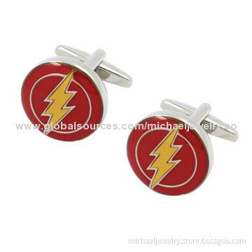 Brass Cufflinks with Red & Yellow Epoxy and Plating White Steel (Nickel-Free)
